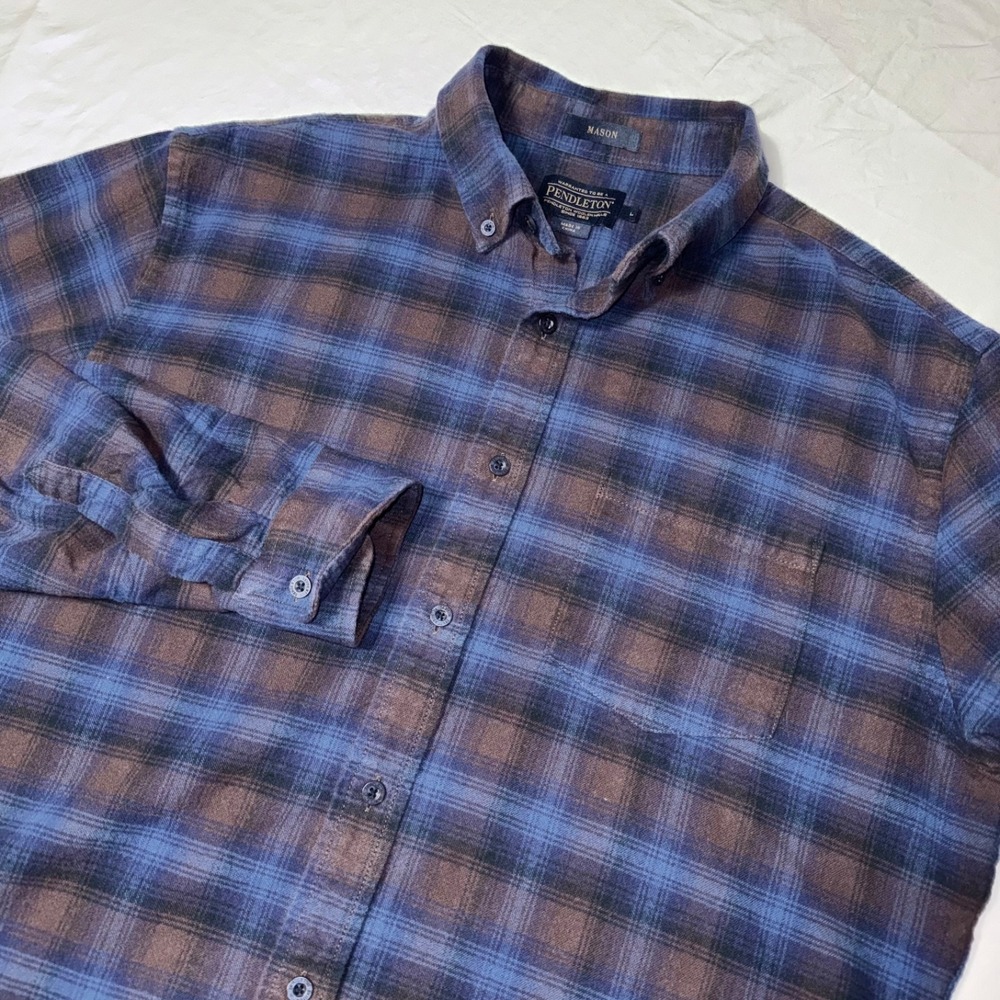 Pendleton Mason Plaid Flannel Button Down Shirt Mens Large Blue Brown LongSleeve